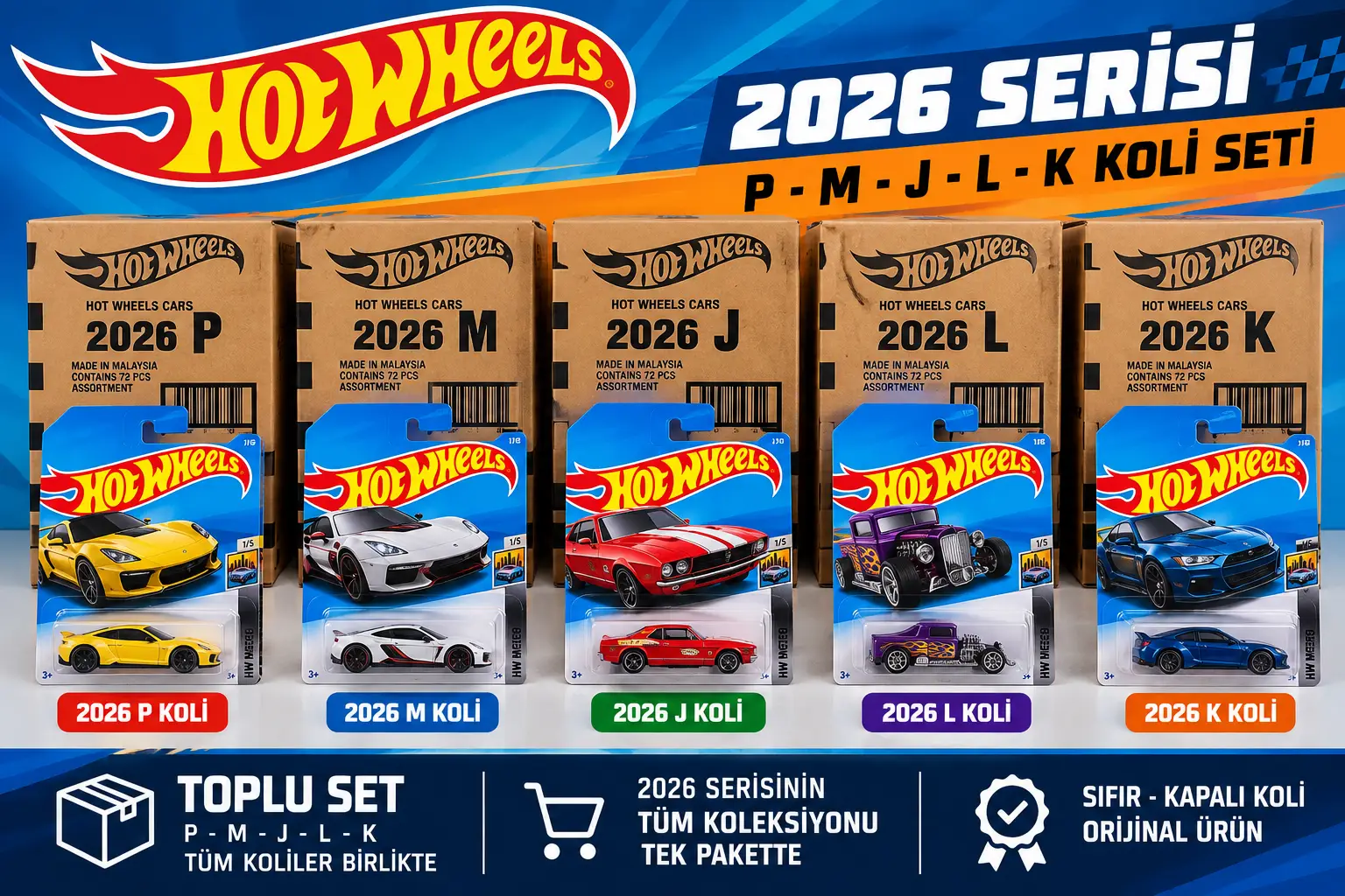 Hot Wheels 2026 P M J L K Kolisi Toplu Set 5 Kapalı Koli 360 Adet Mainline Araç