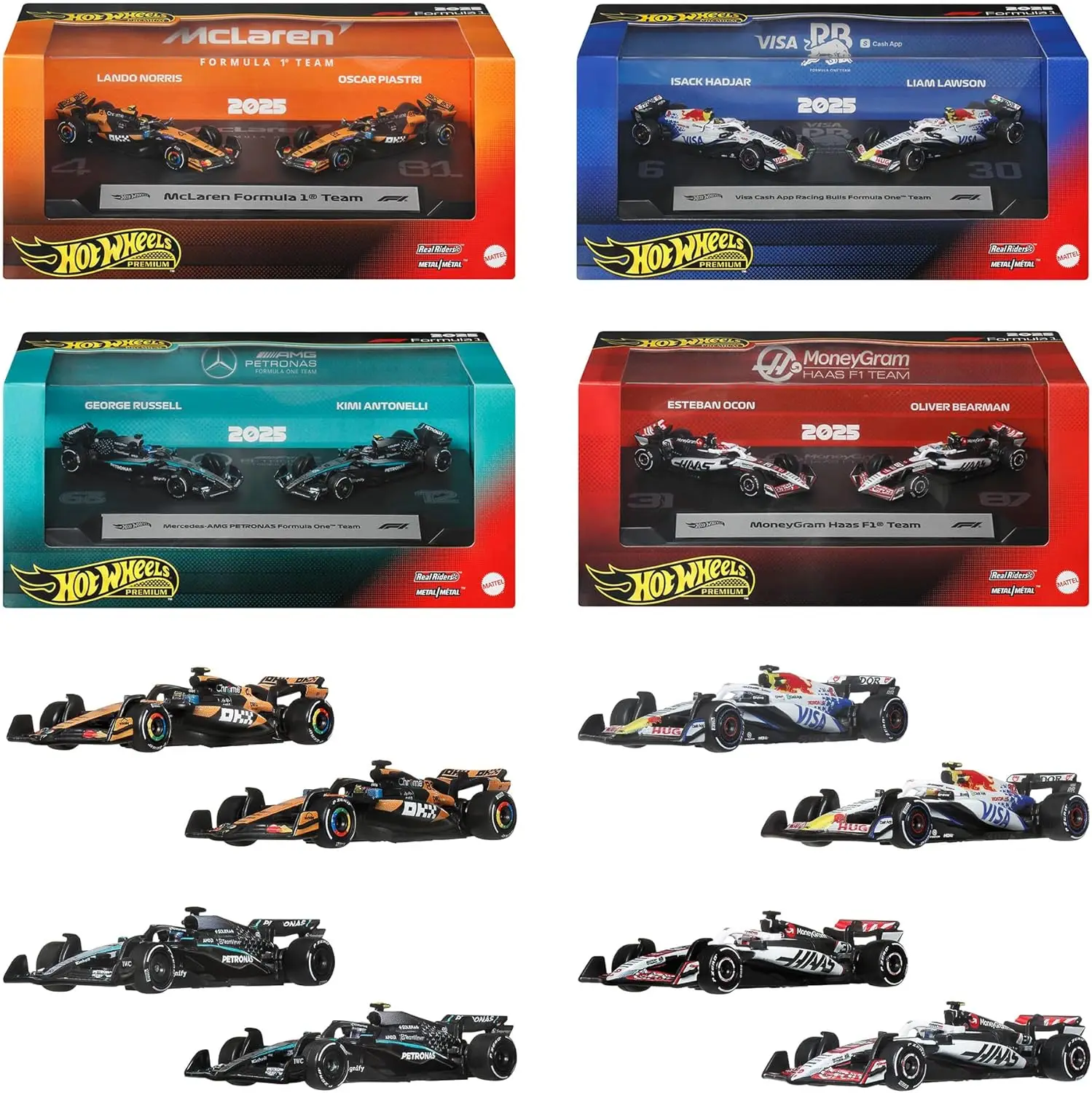 Hot Wheels Premium Formula 1 2025 4'lü Takım Seti 8 Araç McLaren Mercedes Racing Bulls Haas