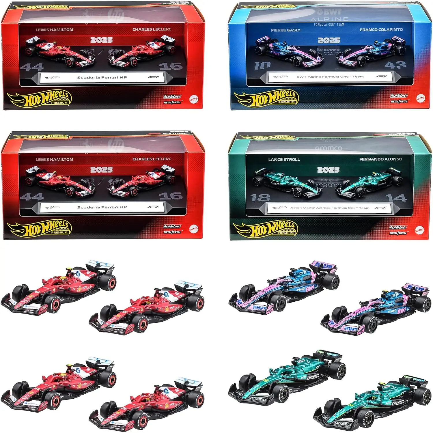 Hot Wheels Premium Formula 1 2025 JMM89 986C 4'lü Takım Seti 8 Araç Ferrari Alpine Aston Martin