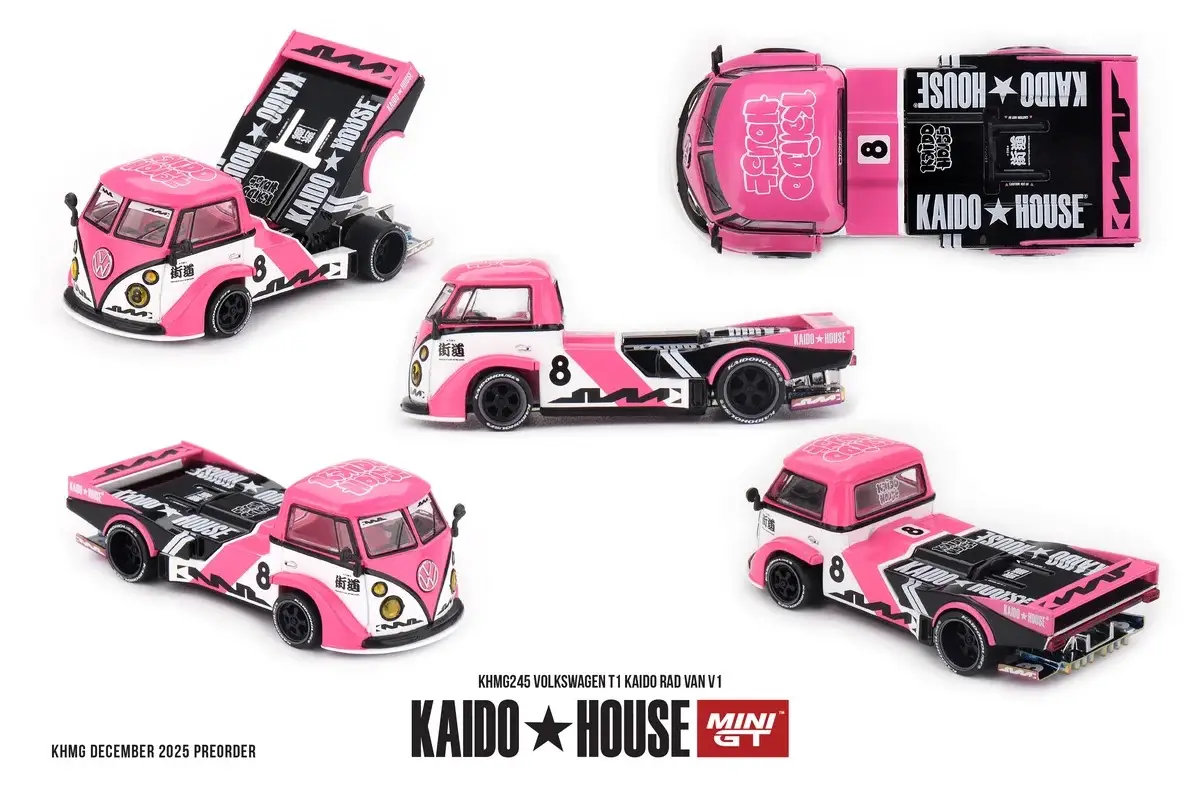 Kaido House MINI GT Volkswagen T1 Kaido Rad Van V1 KHMG245 Pembe 1:64 Model Araba