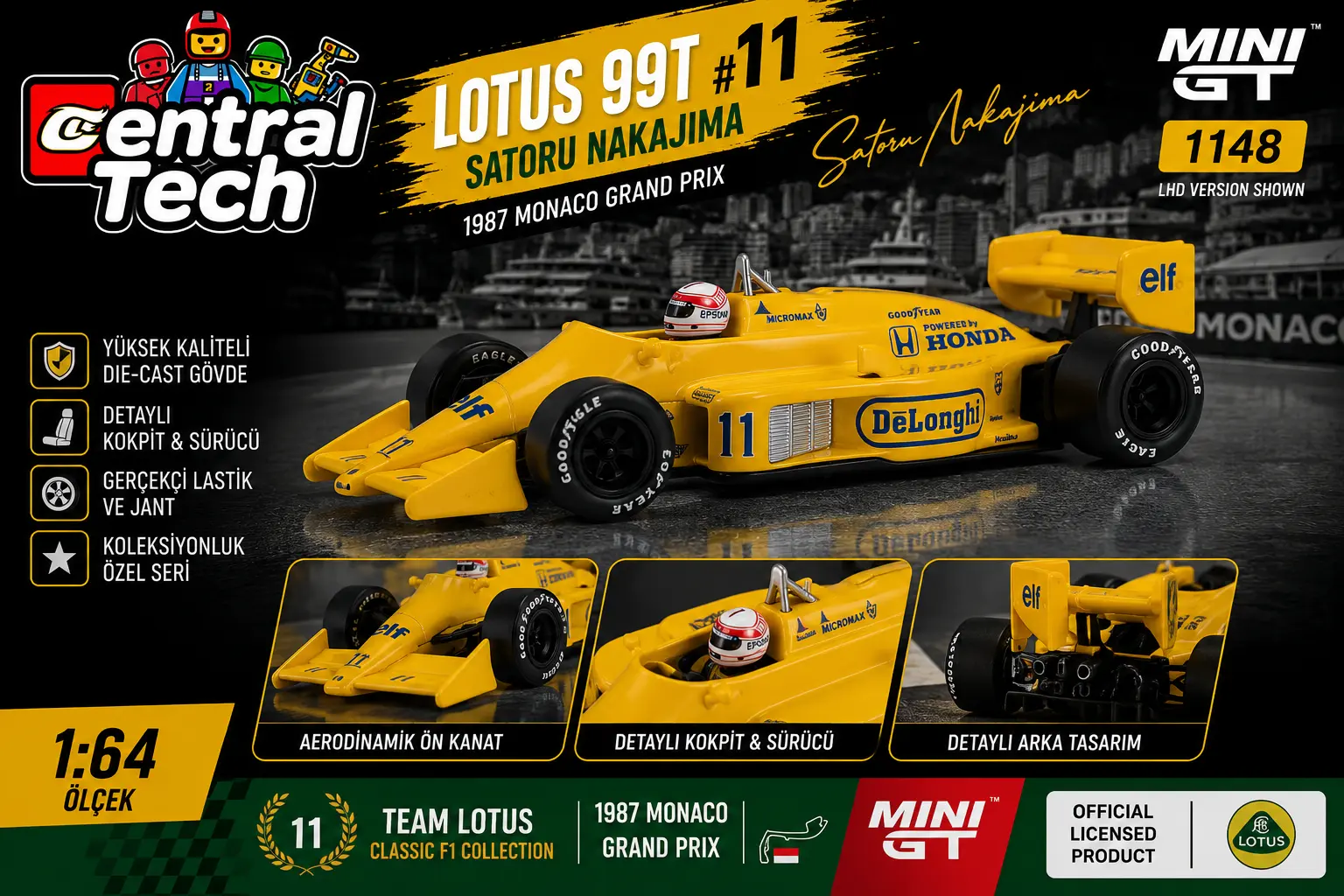 Mini GT 1/64 Lotus 99T #11 Satoru Nakajima 1987 Monaco Grand Prix MGT01148