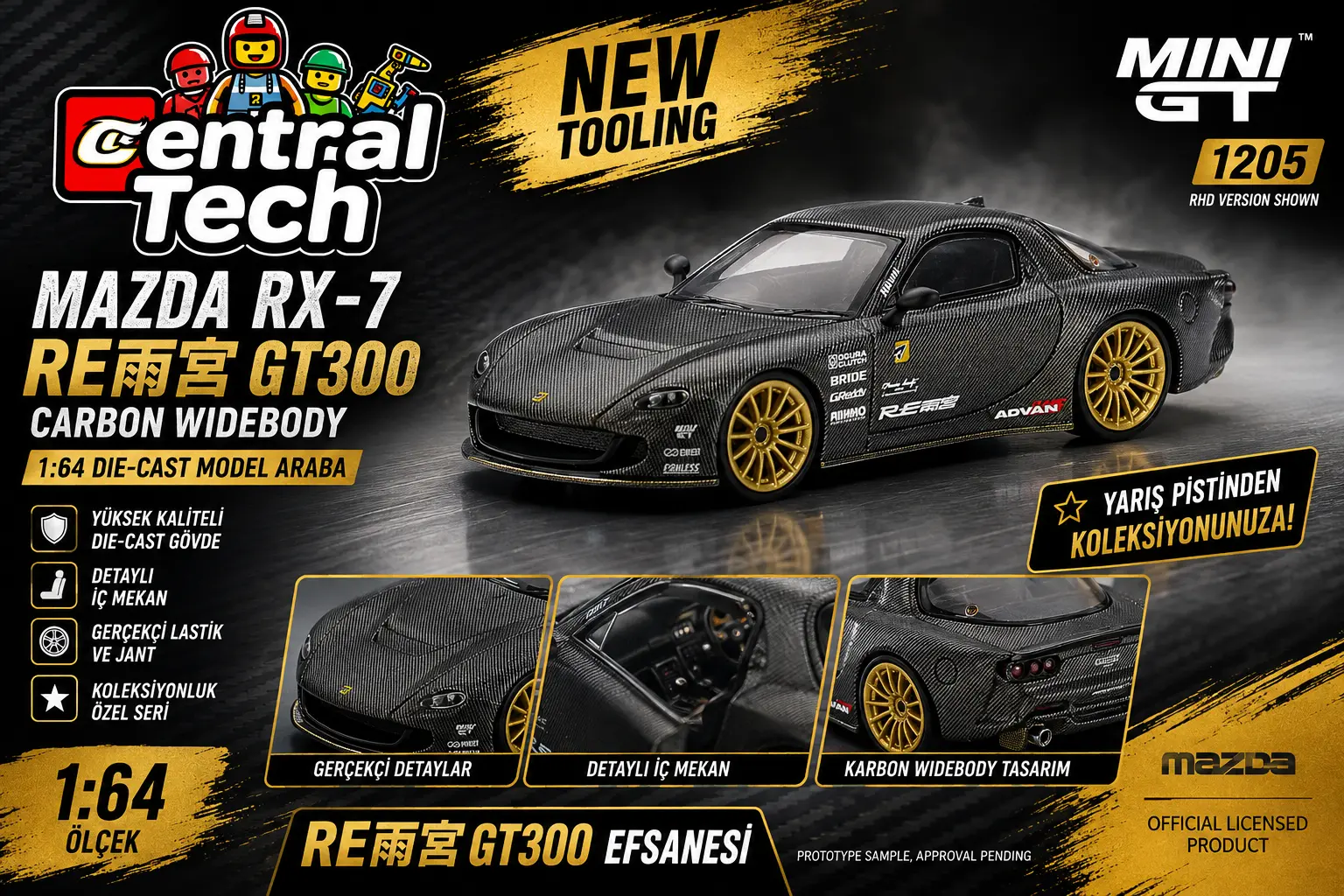 Mini GT 1:64 Mazda RX-7 RE Amemiya GT300 Carbon Widebody TAS 2025 MGT01205 Model Araba