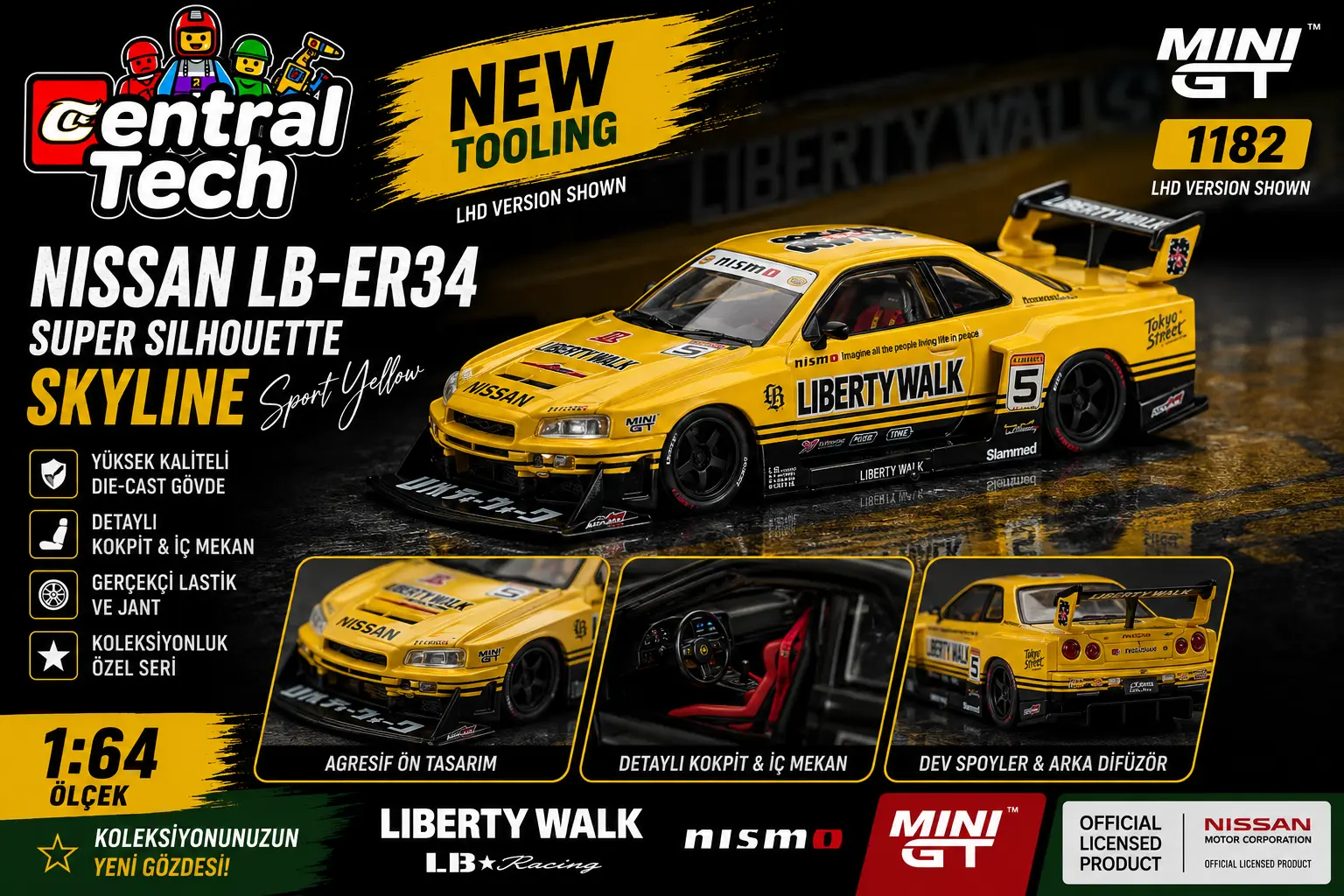 Mini GT 1/64 Nissan LB-ER34 Super Silhouette SKYLINE Sport Yellow MGT01182