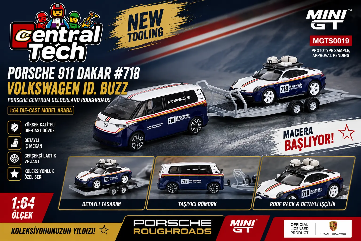Mini GT 1:64 Porsche 911 Dakar #718 Volkswagen ID. Buzz Roughroads Römorklu Set MGTS0019