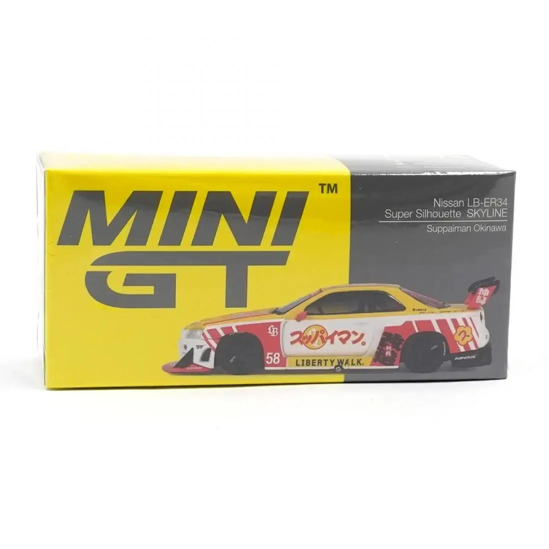 Mini GT 1204 Nissan LB-ER34 Super Silhouette Skyline Liberty Walk Suppaiman Okinawa 1:64 Model Araba