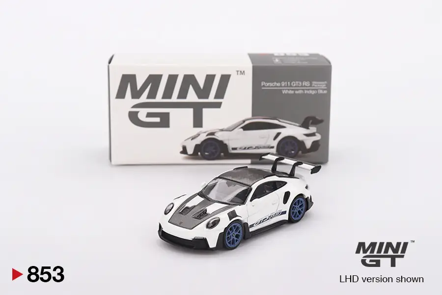 Mini GT 853 Porsche 911 GT3 RS Weissach Package White Indigo Blue 1:64 Model Araba