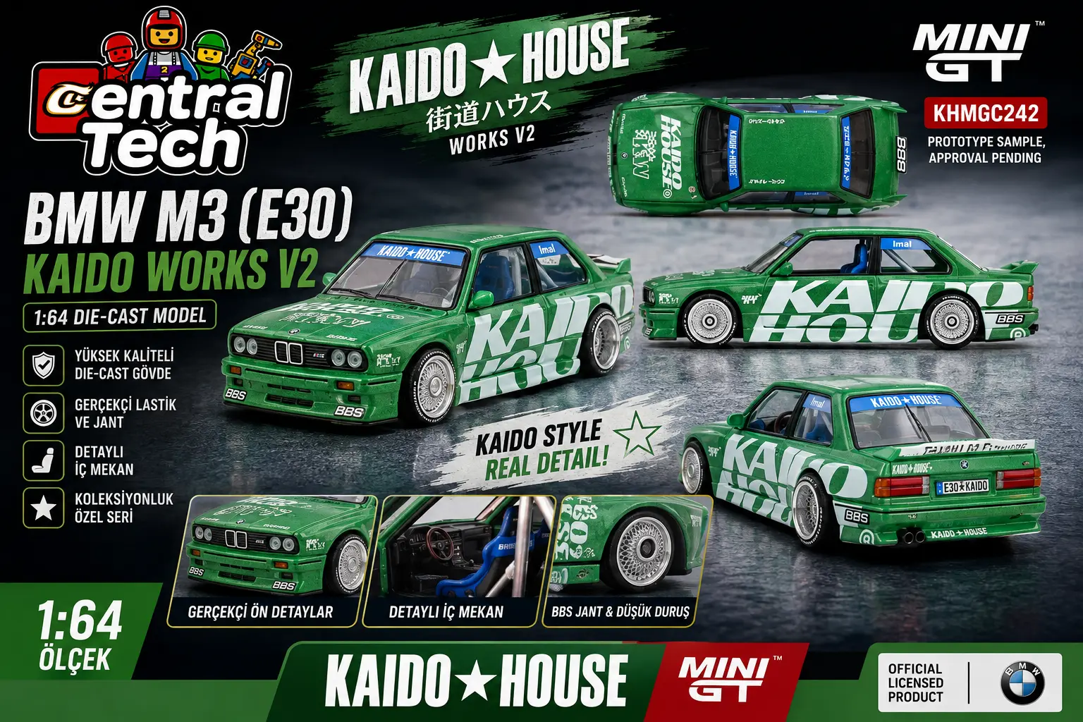 Mini GT x Kaido House 1:64 BMW M3 E30 Kaido Works V2 Yeşil KHMG242 Model Araba