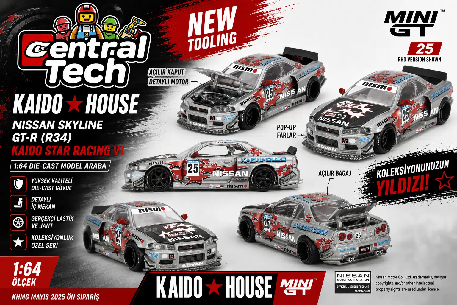 Mini GT x Kaido House 1:64 Nissan Skyline GT-R R34 Kaido Star Racing V1 KHMG197 Model Araba