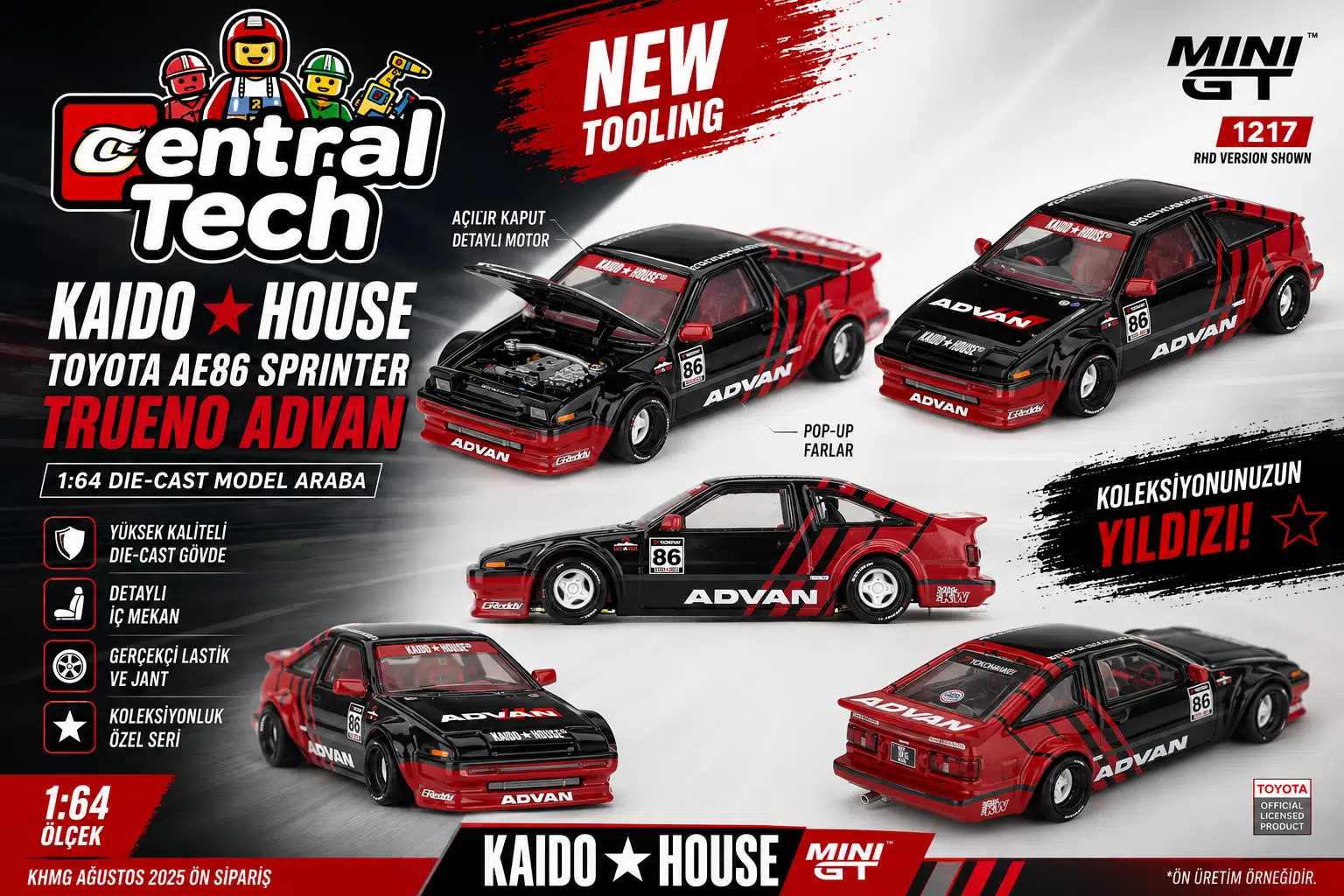 Mini GT x Kaido House 1:64 Toyota AE86 Sprinter Trueno Kaido ADVAN KHMG214 Model Araba